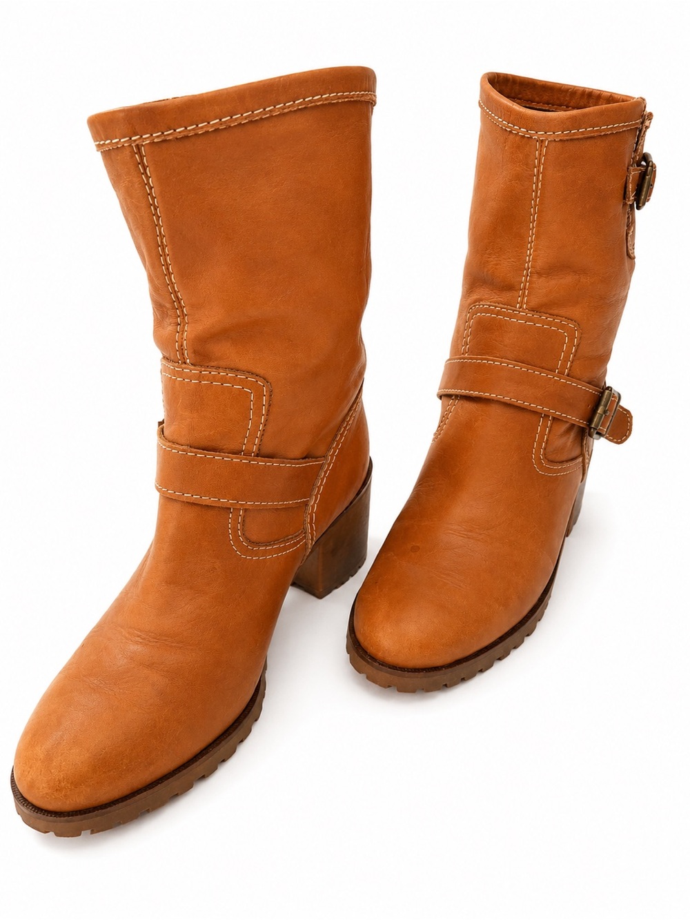 Michael Kors Cognac Leather Moto Ankle Boots | Block Heel | Buckle Detail - Picture 4 of 7